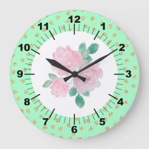 Floral Light Green en Gold Stippen Grote Klok