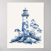 Floral Lighthouse – Coastal Blue op Beige Wall Art Poster (Voorkant)