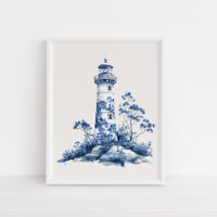 Floral Lighthouse – Coastal Blue op Beige Wall Art