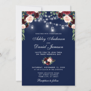 Floral Lights Wedding Blue Burgundy Waterverf Kaart