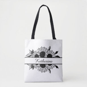 Floral lijn met zonnebloemen, gepersonaliseerde na tote bag