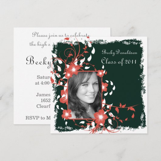 Floral Lijst Black en White Afstuderen Invite Kaart (Voorkant / Achterkant)