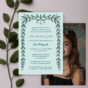 Floral Lijst Custom Photo Bat Mitzvah Meisje Kaart