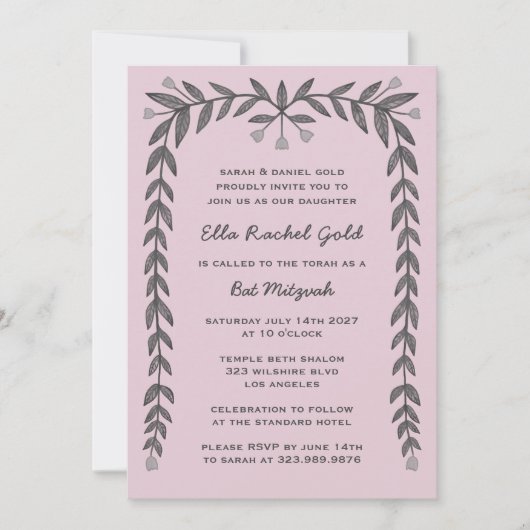 Floral Lijst Custom QR Code Modern BarBat Mitswa Kaart (Voorkant)