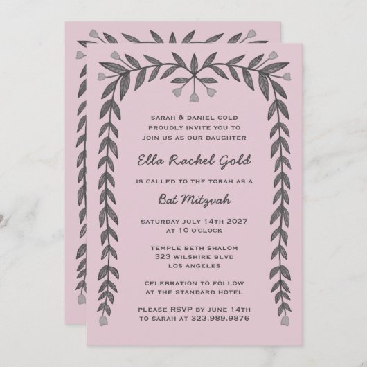 Floral Lijst Custom QR Code Modern BarBat Mitswa Kaart (Voorkant / Achterkant)