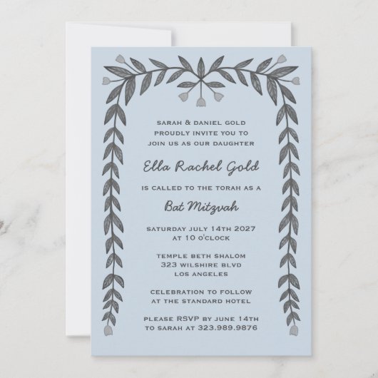 Floral Lijst Custom QR Code Modern BarBat Mitswa Kaart (Voorkant)