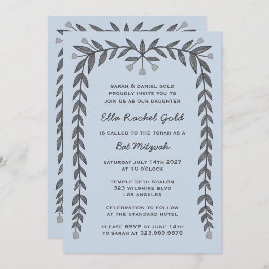 Floral Lijst Custom QR Code Modern BarBat Mitswa Kaart (Voorkant / Achterkant)