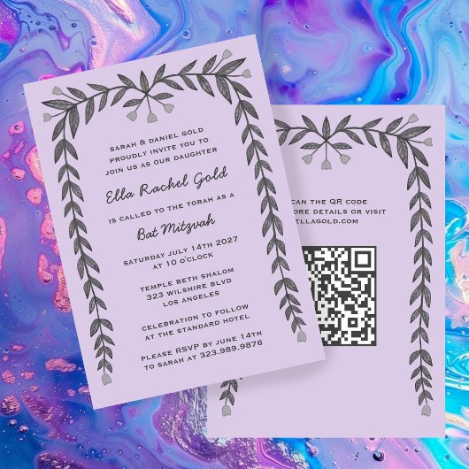 Floral Lijst Custom QR Code Modern BarBat Mitswa Kaart