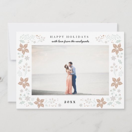 Floral Lijst Holiday Photo Card in Gold Feestdagenkaart (Voorkant)