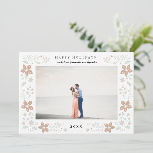 Floral Lijst Holiday Photo Card in Gold Feestdagenkaart (Staand voorkant)