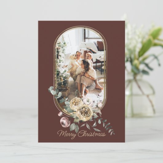 Floral Lijst kerstfeestdag Foto gepersonaliseerd Feestdagenkaart (Staand voorkant)