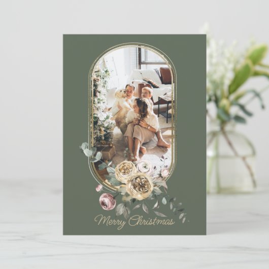 Floral Lijst kerstfeestdag Foto gepersonaliseerd Feestdagenkaart (Staand voorkant)