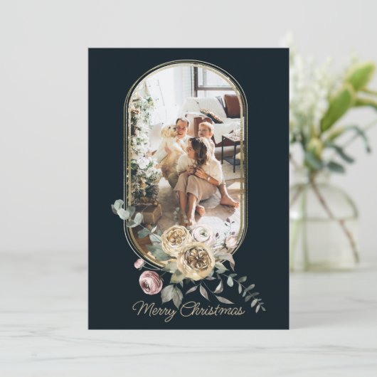 Floral Lijst kerstfeestdag Foto gepersonaliseerd Feestdagenkaart (Staand voorkant)