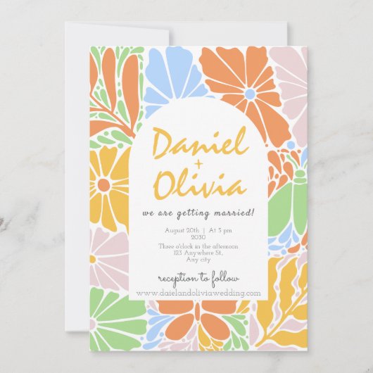 Floral Lijst Kleurrijke Retro bruiloft Kaart (Voorkant)