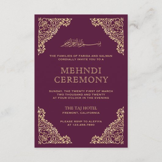Floral Lijst Plum en Gold Islamic Muslim Mehndi Informatiekaartje (Voorkant)