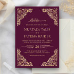 Floral Lijst Plum en Gold Islamic Muslim Weduwen Kaart<br><div class="desc">Nodig uw gasten uit met deze islamitische uitnodiging voor een bruiloft met een ingewikkeld bloemontwerp en 'Bismillah' in Arabische kalligrafie op een paarse plum achtergrond. Voeg eenvoudig uw gebeurtenisdetails op deze makkelijk te gebruiken sjabloon toe om het één-van-een-soort uitnodiging te maken. Deze uitnodiging is volledig aanpasbaar. Alle teksten zijn editable...</div>