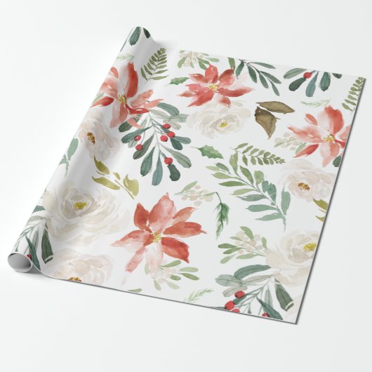 Floral Lijst Poinsettia Gift Wrap Cadeaupapier (Uitgerold)