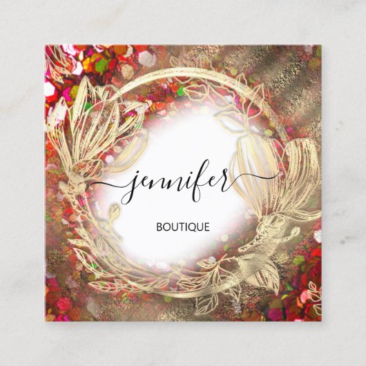 Floral Lijst QR Code Logo Gold Red Confetti Royal Vierkante Visitekaartje (Voorkant)