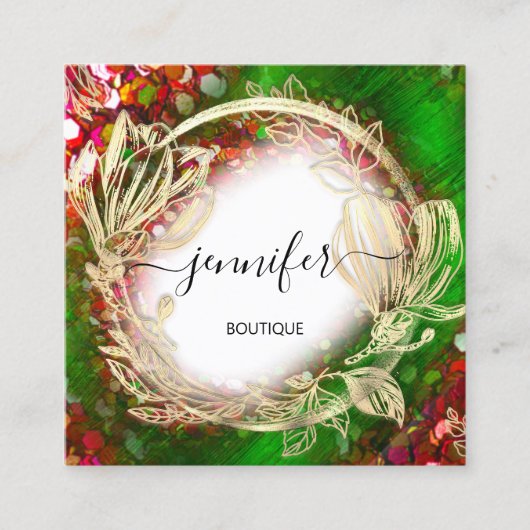 Floral Lijst QR Code Logo Gold Red Green Royal Vierkante Visitekaartje (Voorkant)
