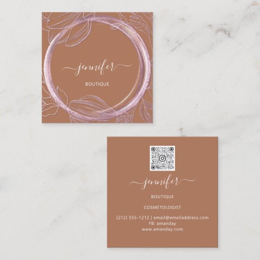 Floral Lijst QR Code Logo Roze bruin online winkel Vierkante Visitekaartje (Voorkant / Achterkant)