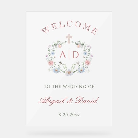 Floral Lijst Religieuze bruiloft Monograms Welkom Acryl Bord (Voorkant)