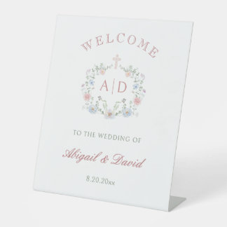 Floral Lijst Religieuze bruiloft Monograms Welkom Reclamebord Met Voetstuk