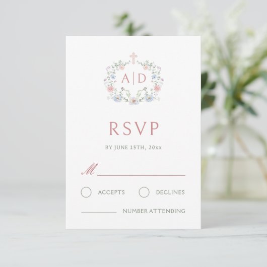 Floral Lijst Religious Wedding Monograms RSVP Card (Staand voorkant)