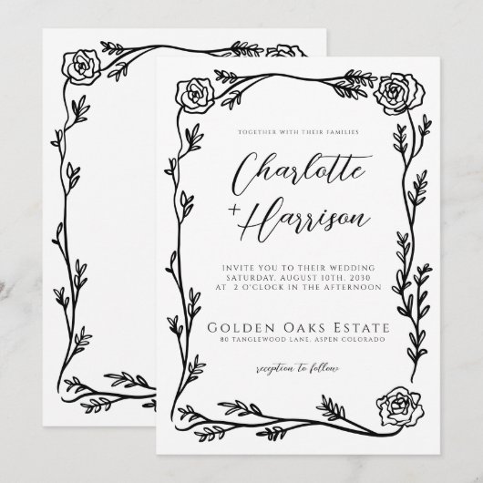 Floral Lijst Script Wedding Kaart (Voorkant / Achterkant)