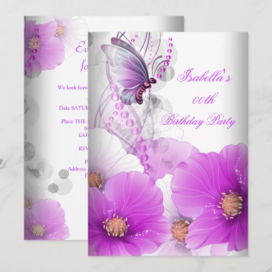 Floral Lila Butterfly Birthday Party SML Kaart (Voorkant / Achterkant)