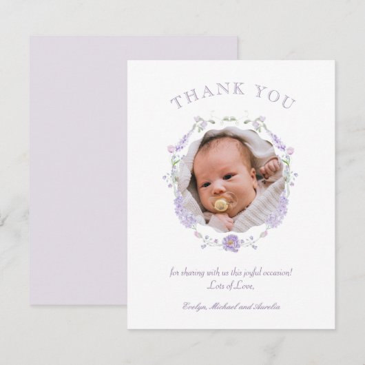 Floral Lila krans doop dank u kaart (Voorkant / Achterkant)