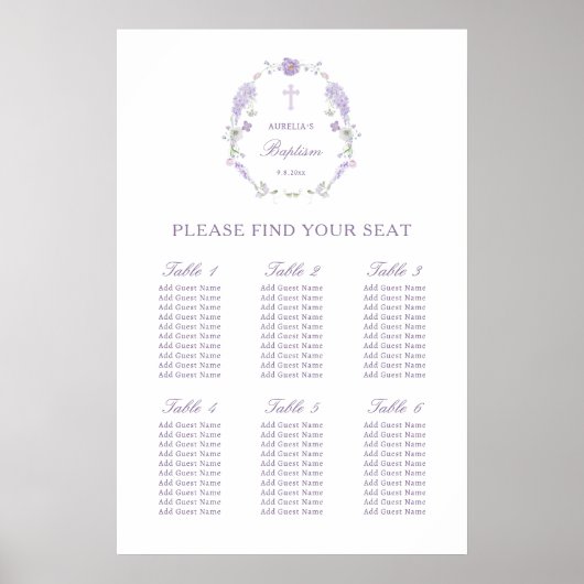 Floral Lila Lavendel Krans Doop Zitting Grafiek Poster (Voorkant)