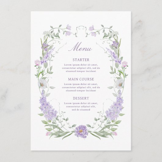 Floral Lila Lavendel Lijst Menu (Voorkant)