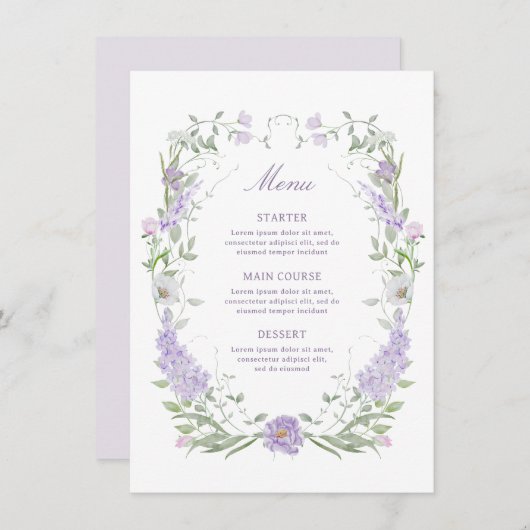 Floral Lila Lavendel Lijst Menu (Voorkant / Achterkant)