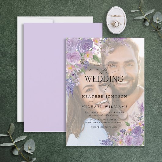 Floral Lila Lavender Vellum Overlay Photo Wedding Kaart
