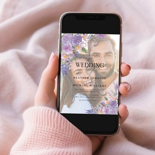 Floral Lila Lavender Vellum Overlay Photo Wedding Kaart