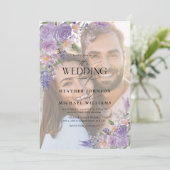 Floral Lila Lavender Vellum Overlay Photo Wedding Kaart (Staand voorkant)