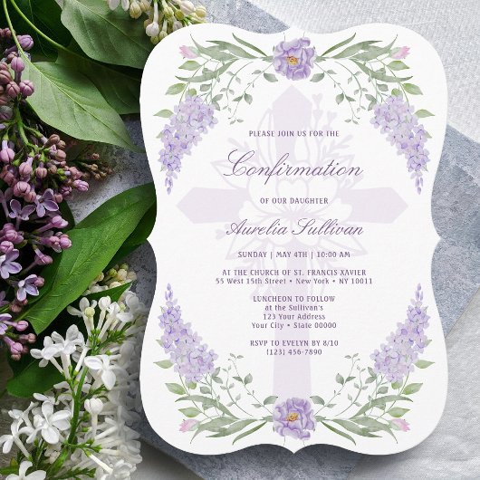Floral Lilac Frame Holy Cross Confirmation Kaart