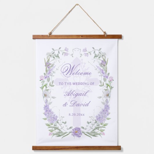 Floral Lilac Frame Religious Wedding Welcome Hangend Wandkleed (Voorkant)