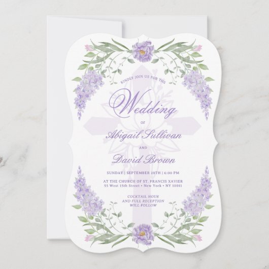 Floral Lilac Lavender Frame Religious Wedding Kaart (Voorkant)