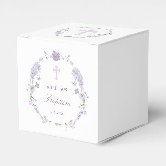 Floral Lilac Lavender Wreath Baptism Cube Bedankdoosjes (Voorkant Zijde)