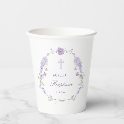Floral Lilac Lavender Wreath Baptism Papieren Bekers (Voorkant)