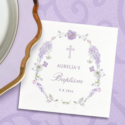 Floral Lilac Lavender Wreath Baptism Servet