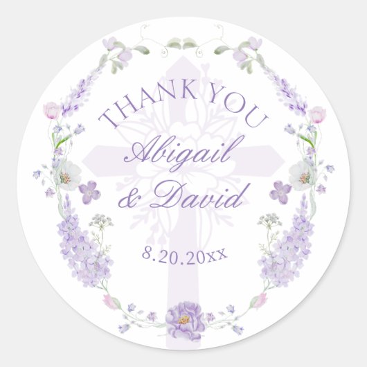 Floral Lilac Lavender Wreath Religious Wedding Ronde Sticker (Voorkant)