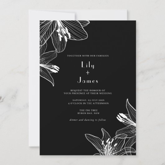 Floral Lilies Black and White Wedding Kaart (Voorkant)