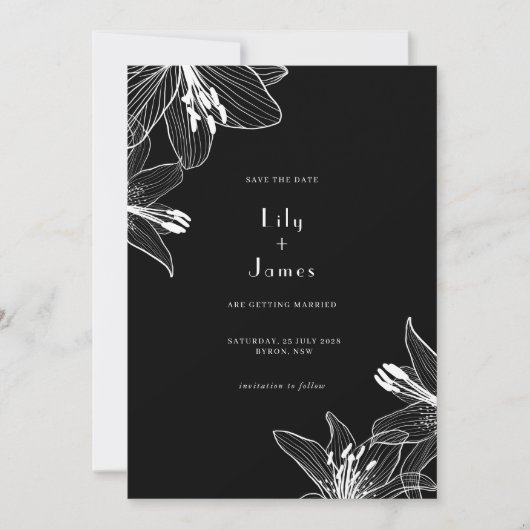 Floral Lilies Black en White Save the Date Kaart (Voorkant)