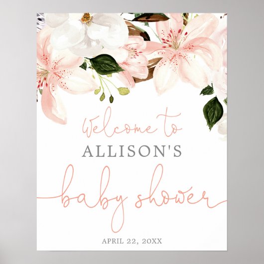 Floral lilies Spring baby shower welkomstteken Poster (Voorkant)