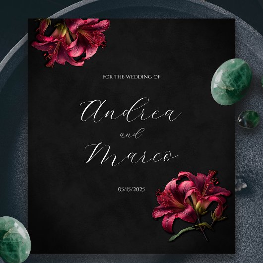 Floral Lilly Donker Gotische Bruiloft Wijn Etiket