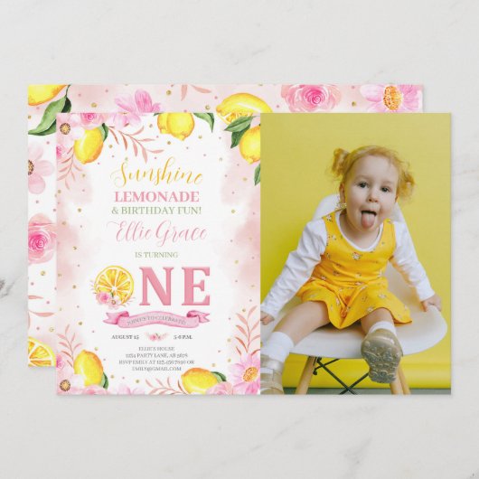 Floral limonade 1e verjaardag foto kaart (Voorkant / Achterkant)