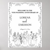 Floral Line Art 70th Wedding Jubileum Welkom Poster (Voorkant)