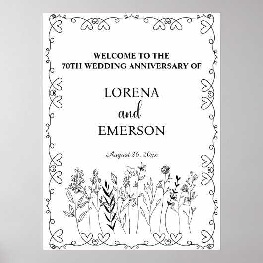 Floral Line Art 70th Wedding Jubileum Welkom Poster (Voorkant)